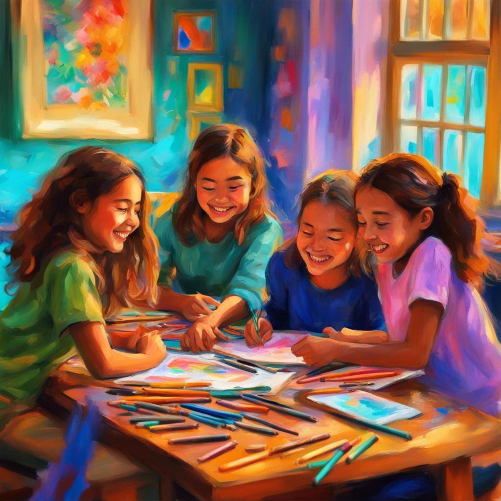 أمنة and her friends sharing their moments of kindness, sitting together with bright drawings on the table, colorful crayons scattered around, excited and smiling faces, digital art, colorful and bright, warm atmosphere