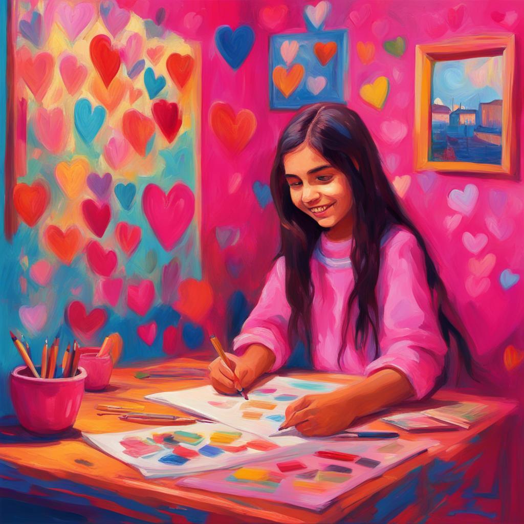 أمنة, a young Arab girl with long dark hair, drawing colorful hearts and pictures of her friends in a bright pink room, focused and cheerful expression, child-friendly, vibrant colors, inviting light, playful atmosphere