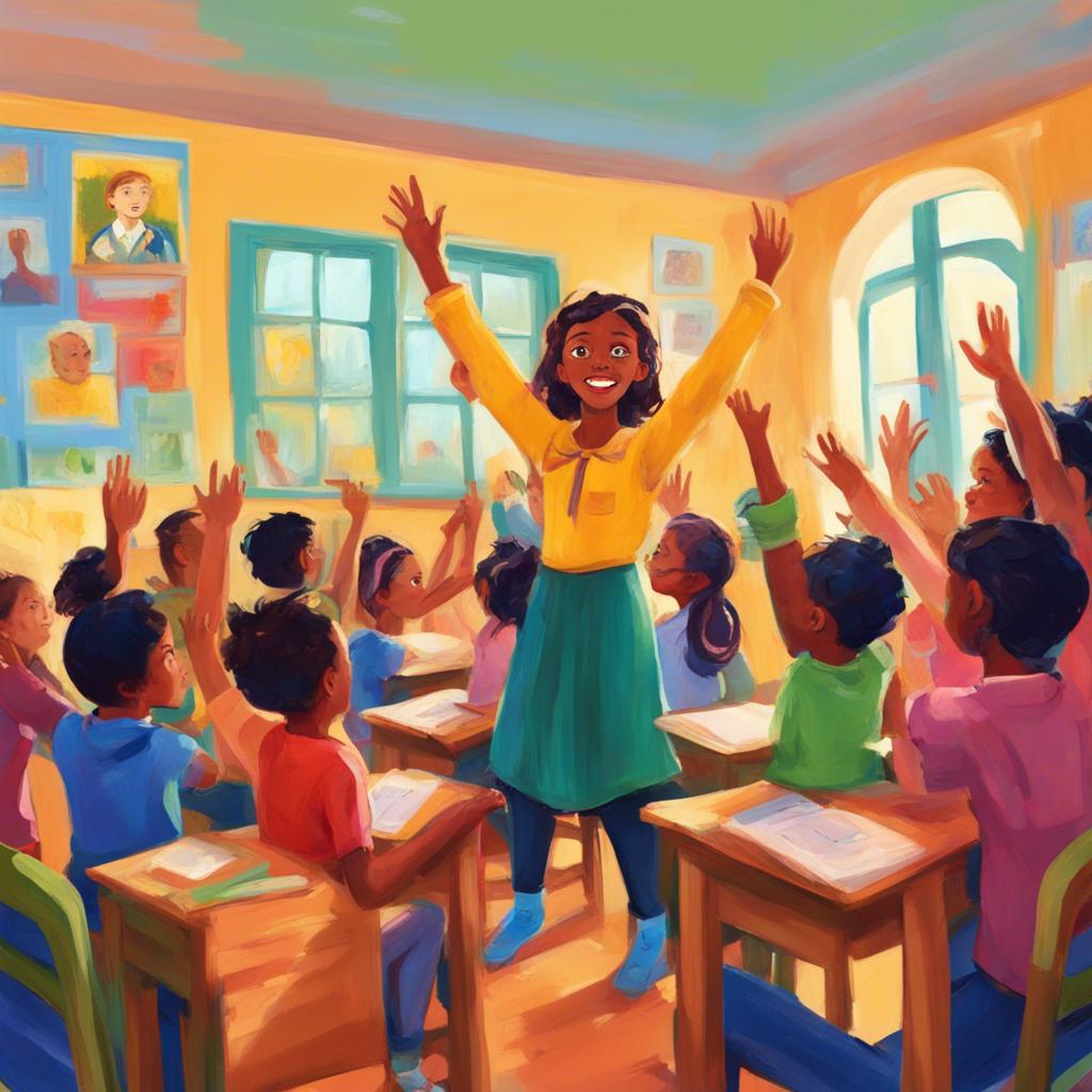 أمنة raising her hand excitedly in the classroom, colorful mat under her, surrounded by happy friends, they are all eager to share their stories, cartoonish style, bright colors, engaging atmosphere