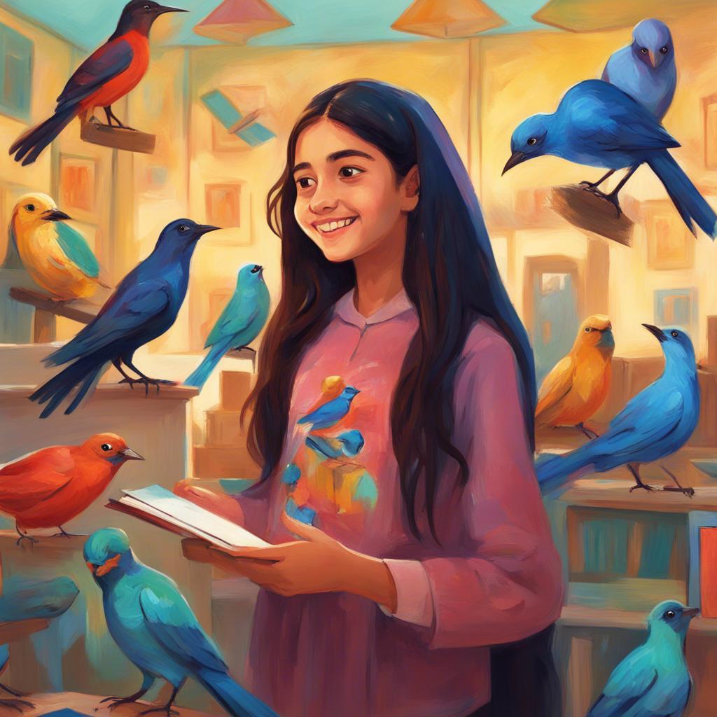 أمنة, a young Arab girl with long, dark hair, smiling while holding a picture of a bird helping its friends, surrounded by her classmates admiring it, brightly decorated classroom, joyful expressions, digital illustration, colorful