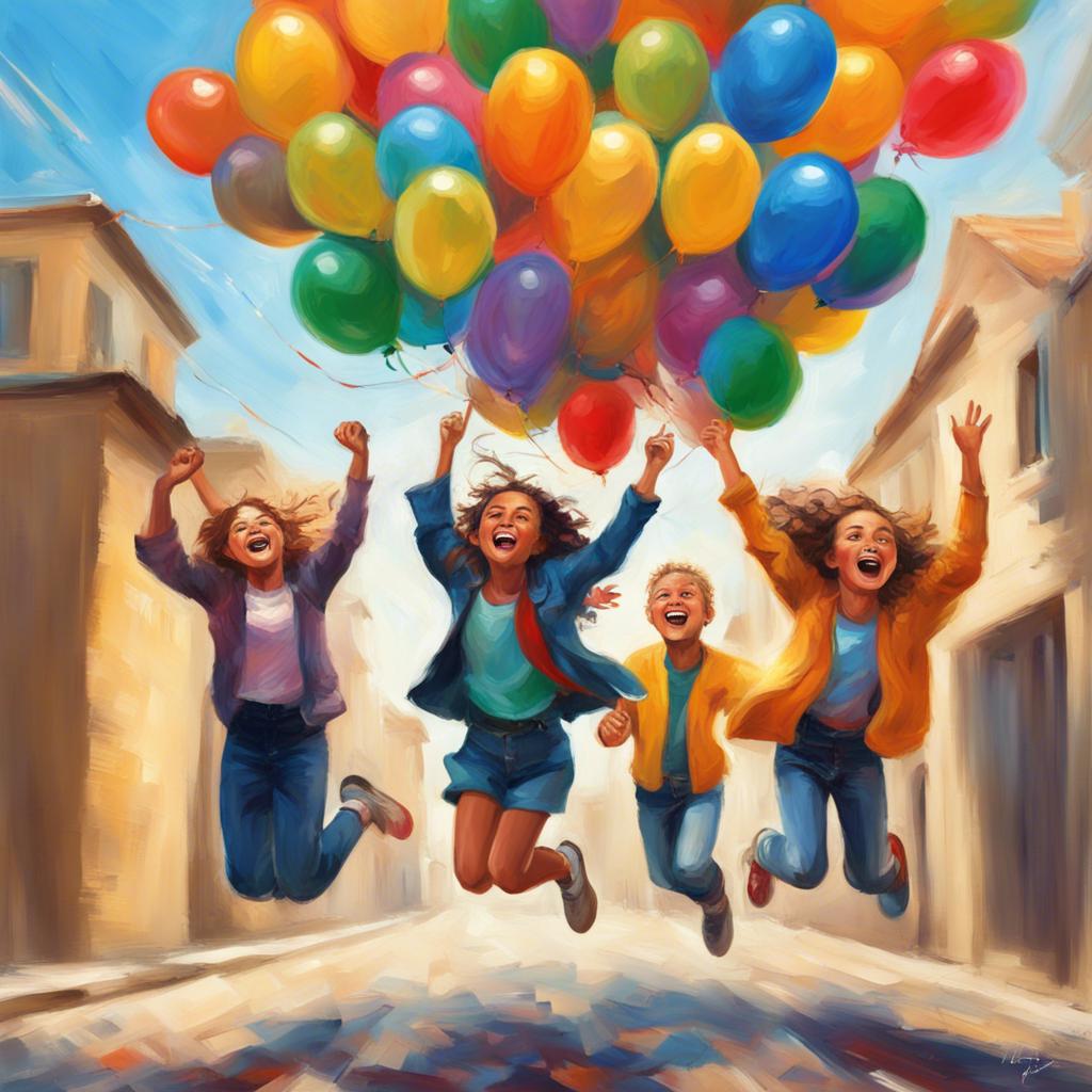 أمنة and her friends celebrating their learning day outside of school, jumping for joy with happy faces and colorful balloons, bright sunlight, high quality, uplifting atmosphere