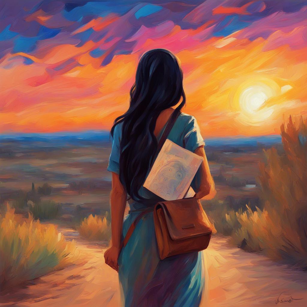 أمنة, a young Arab girl with long dark hair, walking home with a smile, holding her drawings, a beautiful sunset in the background, colorful sky, digital painting, peaceful and happy mood