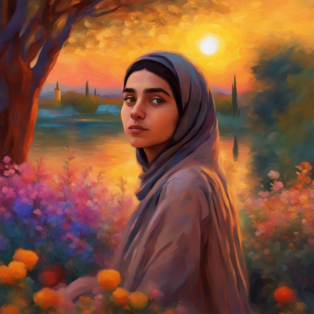 A young Arab girl, أمنة, looking dreamily at the sunset while thinking about kindness, with a colorful background of flowers and trees, serene expression, vibrant digital art, soft light, welcoming atmosphere