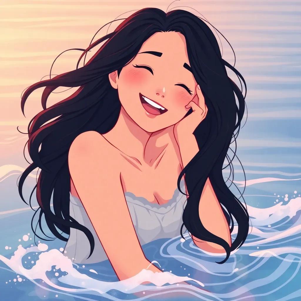 A young woman, with long wavy black hair and a gentle expression, laughing while the gentle waves play around her feet, with a soft breeze blowing, illustration, cheerful, warm light, lively scene, high quality