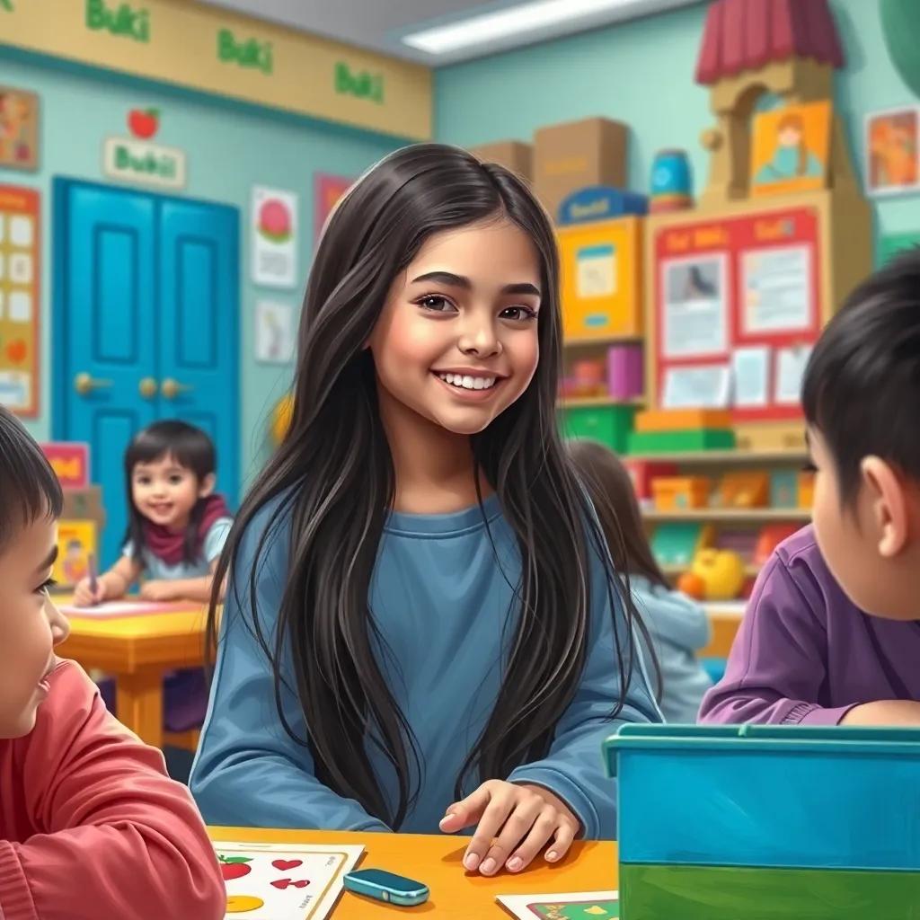 A young Arabic girl, Umnia, with long, dark hair, sitting in the activity room of Buki Association, surrounded by friends and colorful educational materials, smiling and discussing plans for an exciting day, vibrant atmosphere, friendly environment, cheerful, detailed digital art