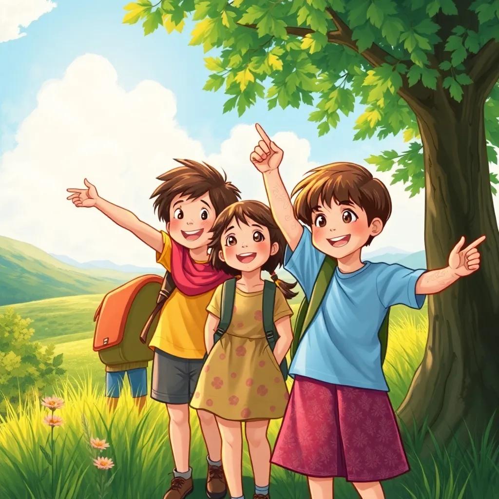 A group of children, including Umnia, on a nature exploration trip, pointing at trees and enjoying the fresh air, bright sunlight, happy expressions, colorful landscape, adventure time, joyful and engaging scene, digital illustration