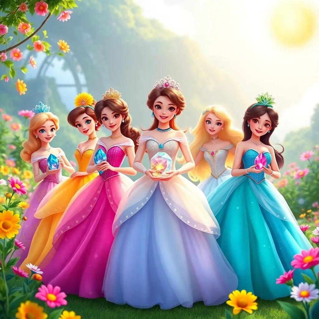 Five princesses, each wearing beautiful dresses in colors matching their jewels, holding sparkling gems, standing in a magical garden with colorful flowers and a bright sun, digital art, whimsical, vibrant colors, joyful atmosphere, high quality