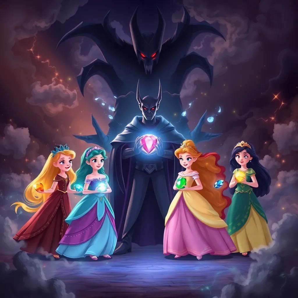 Five princesses, together facing an evil sorcerer, Zahraan, with dark, shadowy figures behind him, displaying their powerful gems, surrounded by a mystical backdrop of swirling dark clouds and flashes of light, illustration, dramatic, magical, child-friendly