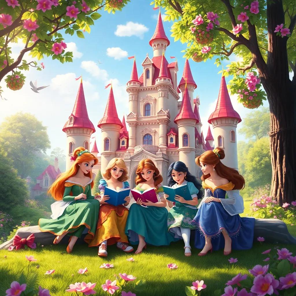 A beautiful fairy tale castle in a lush garden, where five princesses sit together reading books, bright colors, magical atmosphere, detailed digital art, inviting light, vibrant scenery, high quality