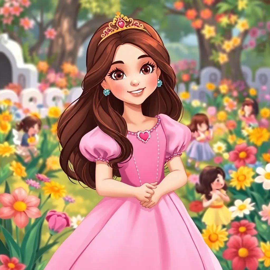 A beautiful and kind princess, Layla, with long brown hair, wearing a lovely pink dress, playing in a colorful garden full of flowers and children, illustration, cheerful, vibrant colors, bright atmosphere, high quality