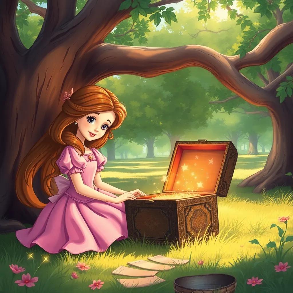 Layla, a beautiful and kind princess with long brown hair in a lovely pink dress, discovering an old magic box under a big tree in a sunny park, surrounded by sparkling effects, illustration, enchanting, warm light, child-friendly