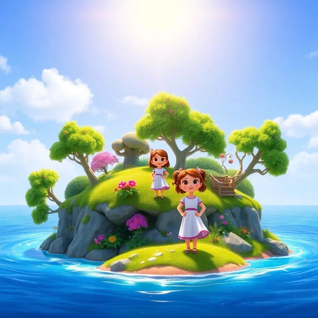 A small island with green trees and colorful flowers under the sun, a little princess standing confidently, smiling, wearing a simple dress, vibrant colors, friendly atmosphere, fantasy scene, warm light, high quality