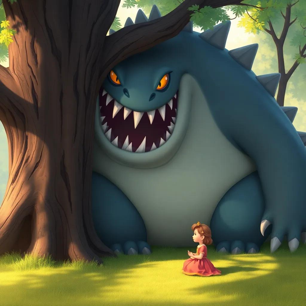 A large monster with sharp fangs and glowing eyes sitting shyly by a tree, the little princess talking to it with a kind expression, soft colors, gentle light, heartwarming scene, child-friendly, high quality
