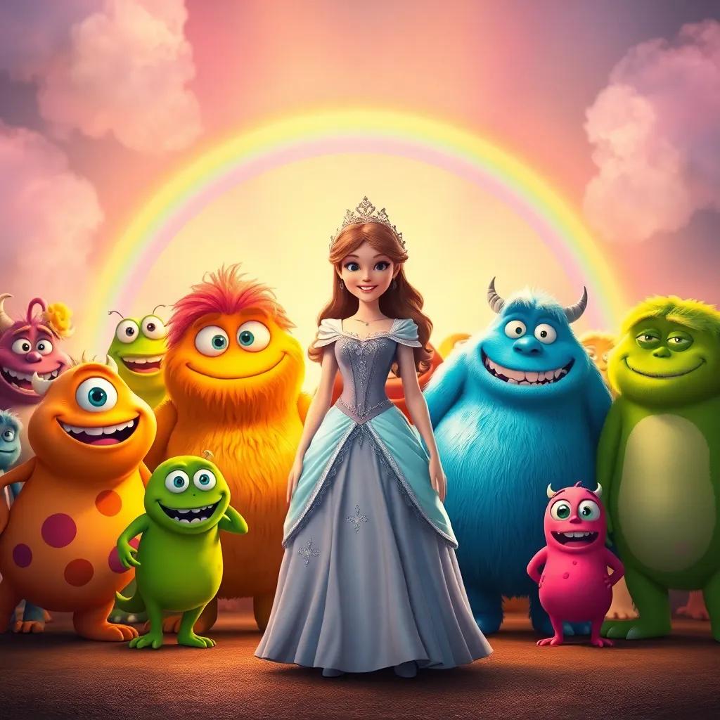 The princess standing in front of a group of friendly monsters, all of them happy and smiling, rainbow in the background, vibrant colors, magical setting, warm light, friendly gathering, high quality
