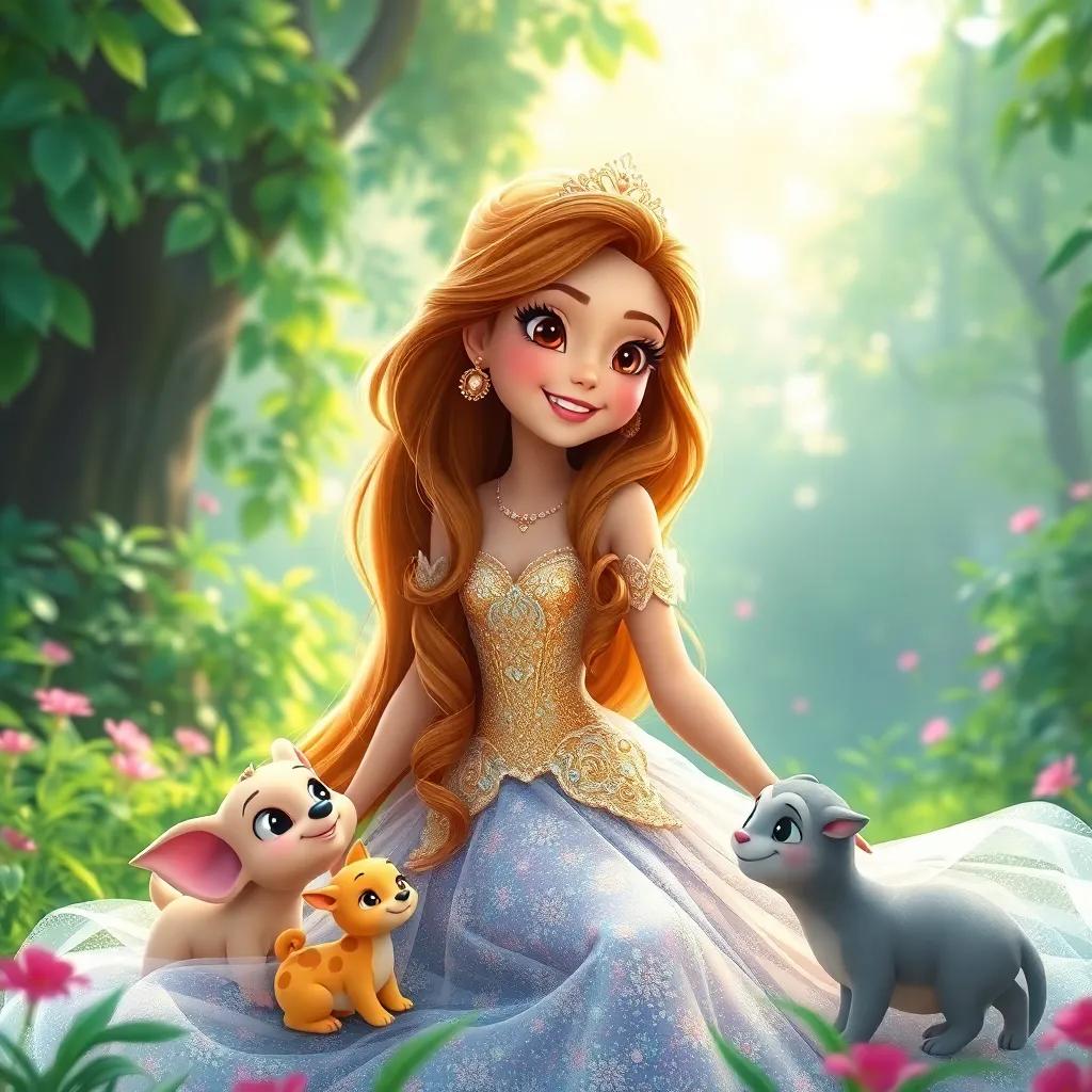 A beautiful princess, Layla, with long flowing hair and a sparkling gown, playing with animals in a lush green forest, digital art, vibrant colors, cheerful atmosphere, high quality