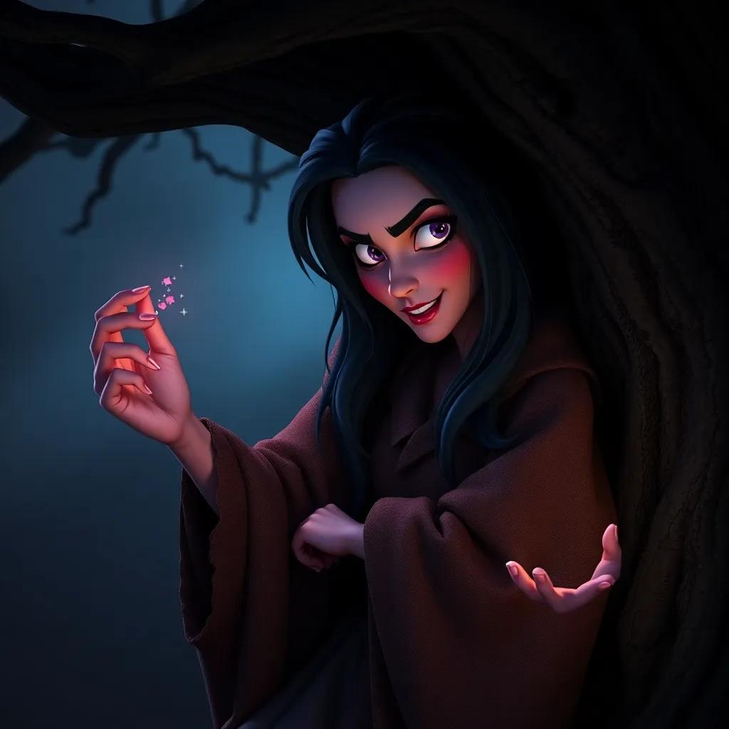 An evil witch, Zinab, with dark hair, wearing a tattered robe, hiding behind a tree, holding a magic wand and scheming against Layla, dramatic lighting, dark colors, mysterious atmosphere, high quality