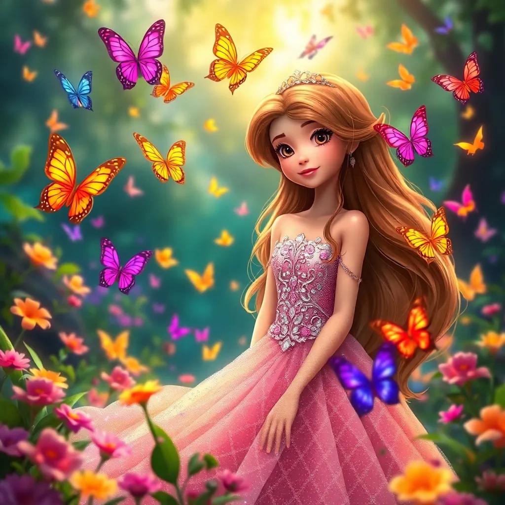 A young princess, Leila, with long, flowing hair, wearing a sparkling gown, surrounded by colorful butterflies flying around her in a magical garden, digital art, vibrant colors, enchanting atmosphere, high quality