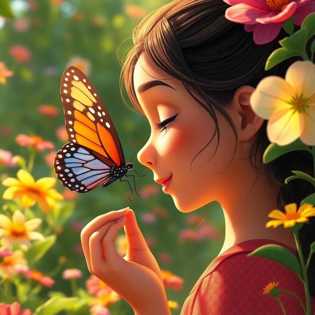 A close-up of Leila listening to a butterfly, with intricate details of the butterfly's wings, set in a lush green garden filled with blooming flowers, illustration, bright colors, warm light, detailed