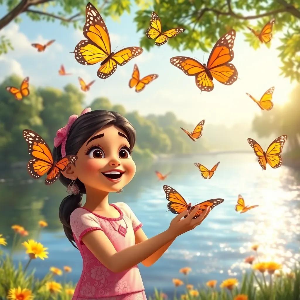 Leila gathering butterflies around her, excited and smiling, as they fly towards a river, with shimmering water and trees in the background, cheerful scene, child-friendly, vivid colors