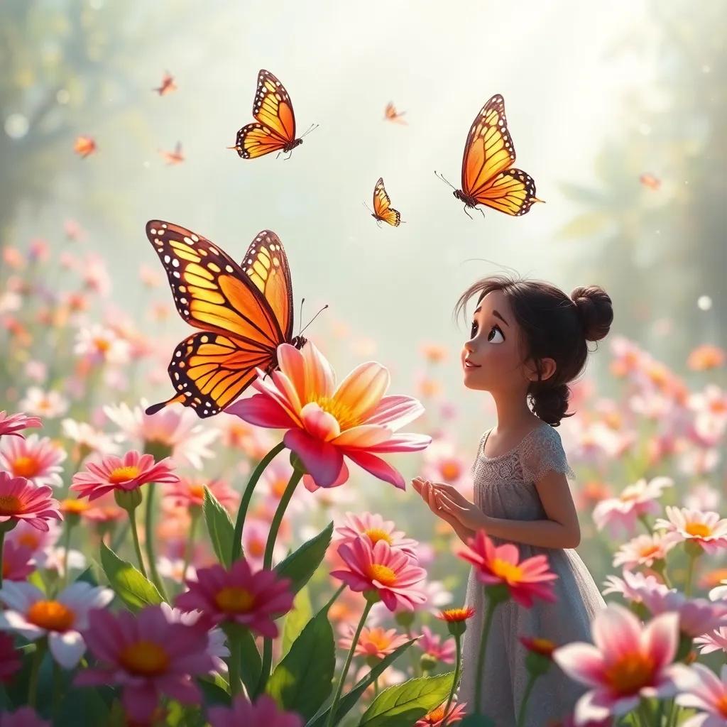 The butterflies bringing water to a wilting flower, with Leila watching in amazement, surrounded by a garden full of flowers, radiant sunlight, magical atmosphere, heartwarming moment, artistic