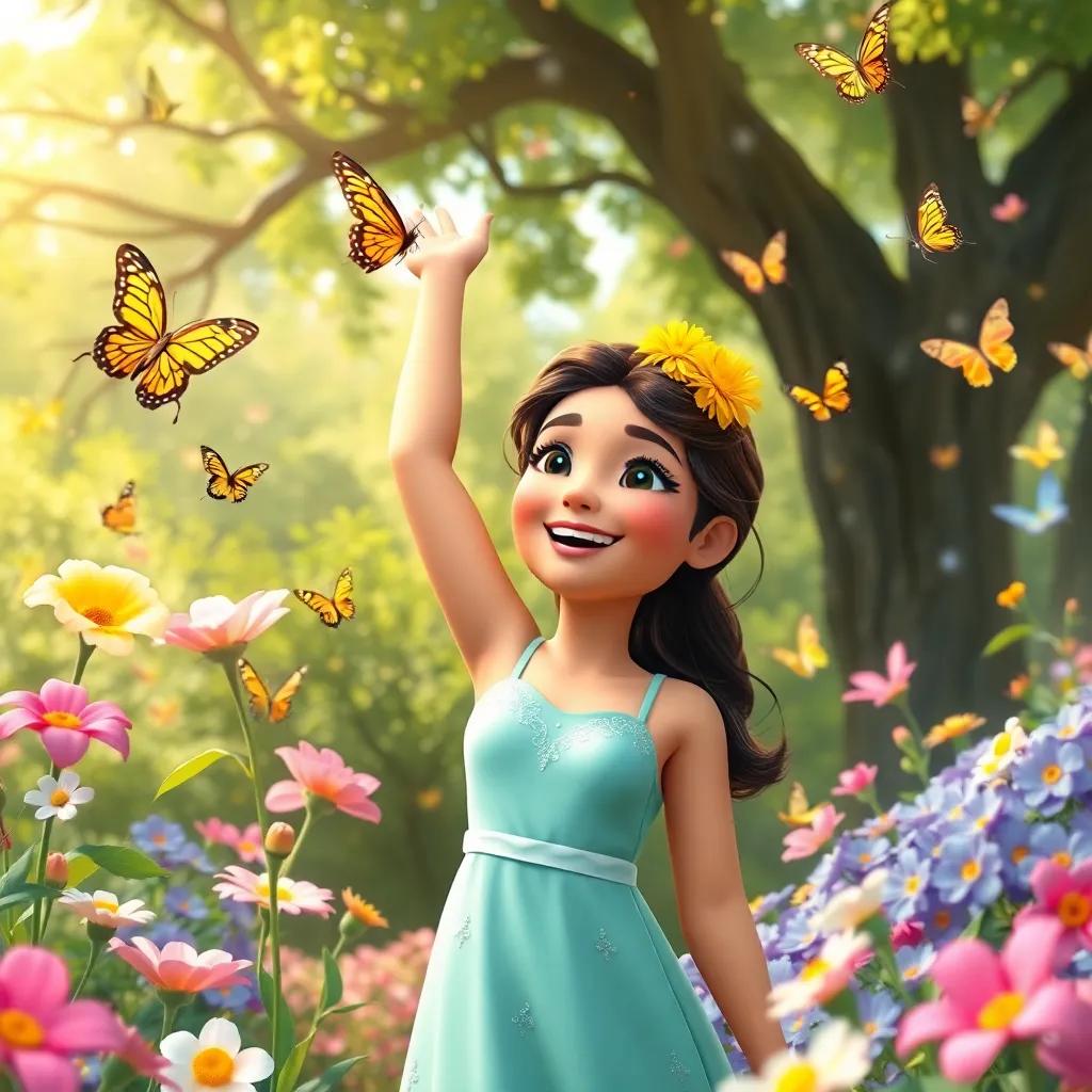 Leila celebrating with butterflies in a beautiful garden after saving the flower, with a background of sparkling trees and happy butterflies, joyful scene, bright colors, uplifting imagery