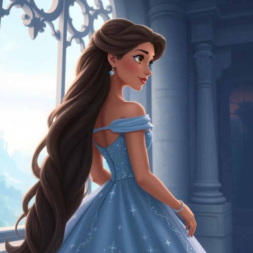 A beautiful princess, Elena, with long, flowing hair wearing a sparkling dress, looking out of a large castle window, detailed digital art, bright colors, dreamy atmosphere, high quality