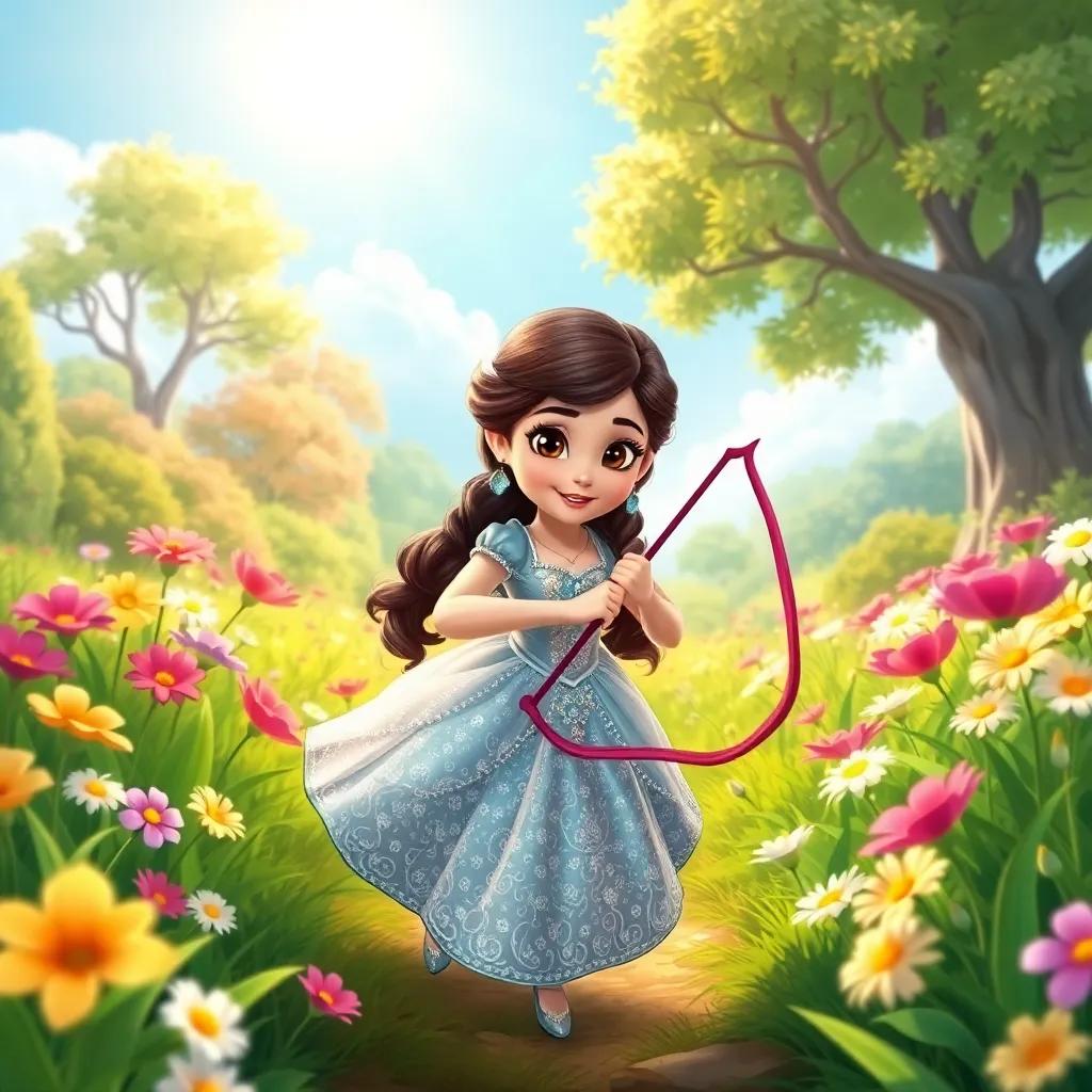 A young princess, Elena, with sparkling dress and bow in hand, sneaking through the beautiful garden filled with flowers and trees under a sunny sky, illustration, cheerful, adventure-themed, child-friendly