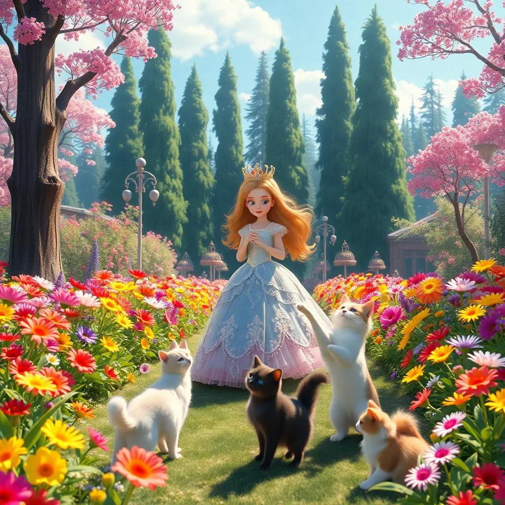 A beautiful royal garden filled with colorful flowers and tall trees, a princess with a crown and a charming dress playing with dancing cats, bright and cheerful atmosphere, digital art, sunny day