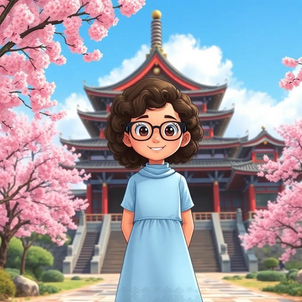 A young Arab girl, Layla, with curly brown hair, wearing a light blue dress and glasses, standing in front of an ancient Japanese temple with cherry blossom trees around, digital art, bright colors, joyful atmosphere, high quality
