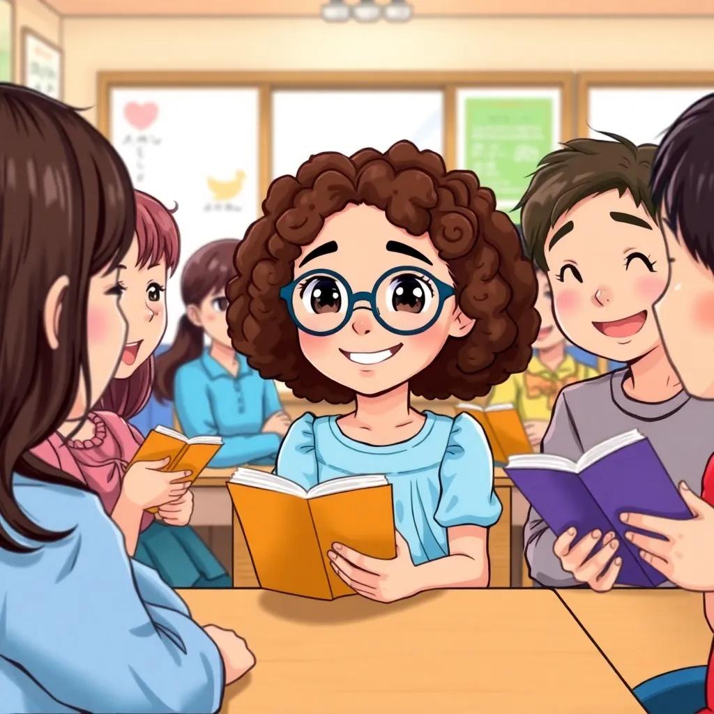 Layla, a young Arab girl with curly brown hair wearing a light blue dress and glasses, sitting with her new friends in a Japanese classroom, smiling and sharing stories, cheerful and colorful, engaging perspective, warm light, high quality