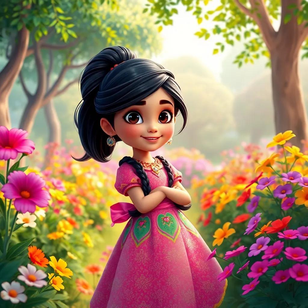 A beautiful princess named Layla, a young Arab girl with long black hair and wearing a colorful dress, playing in a vibrant garden filled with flowers and trees, digital art, cheerful, vivid colors, warm and inviting atmosphere