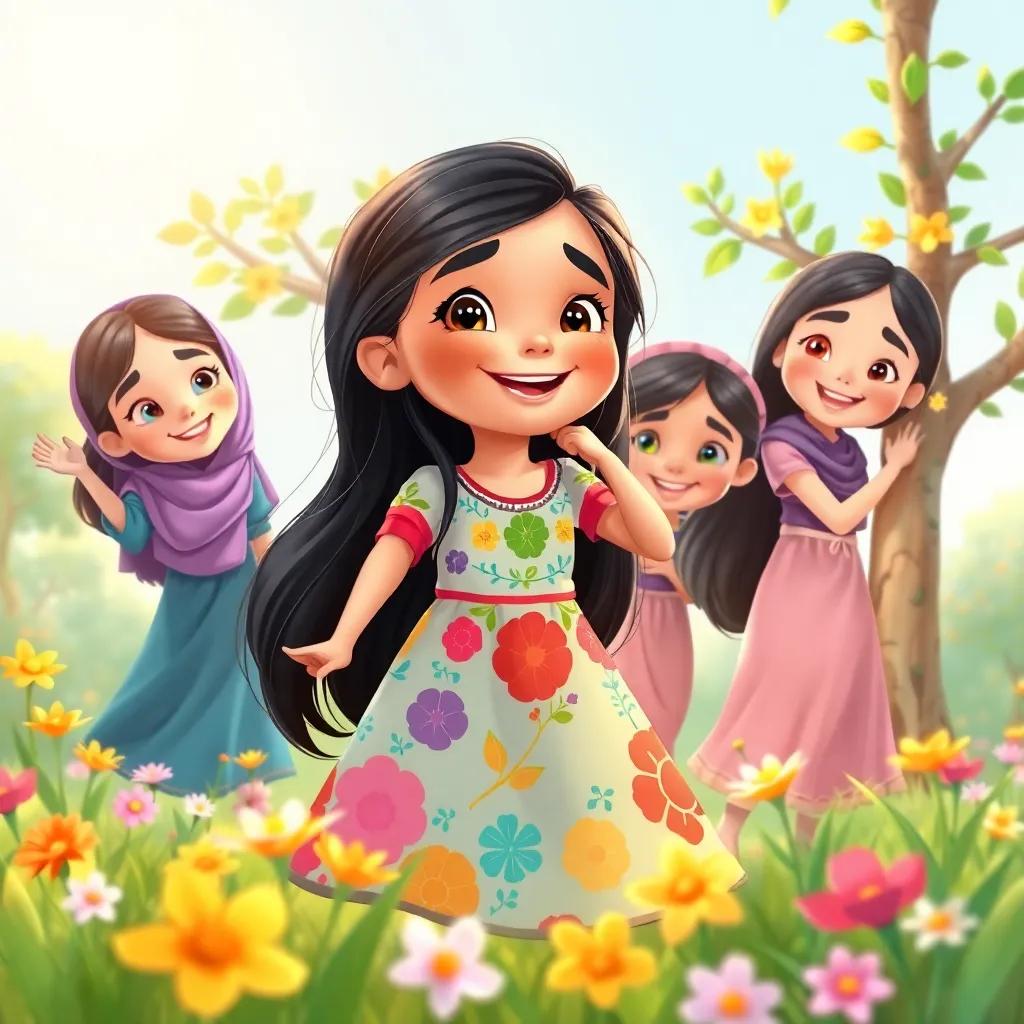 Layla, a young Arab girl with long black hair in a colorful dress, happily playing with her twin sisters, Sara and Samia, surrounded by beautiful flowers and climbing trees, illustration, joyful, dreamy, child-friendly