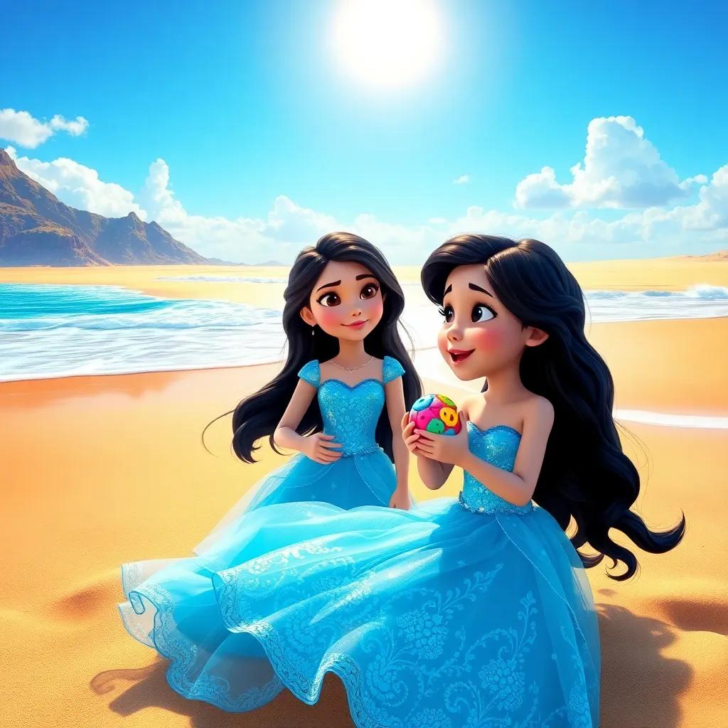 A beautiful beach, with golden sands and gentle waves, featuring a young princess, Leila, with long black hair wearing a sparkling blue dress, holding a colorful toy, talking excitedly to her toy under a bright sun, digital art, vibrant colors, cheerful atmosphere, high quality