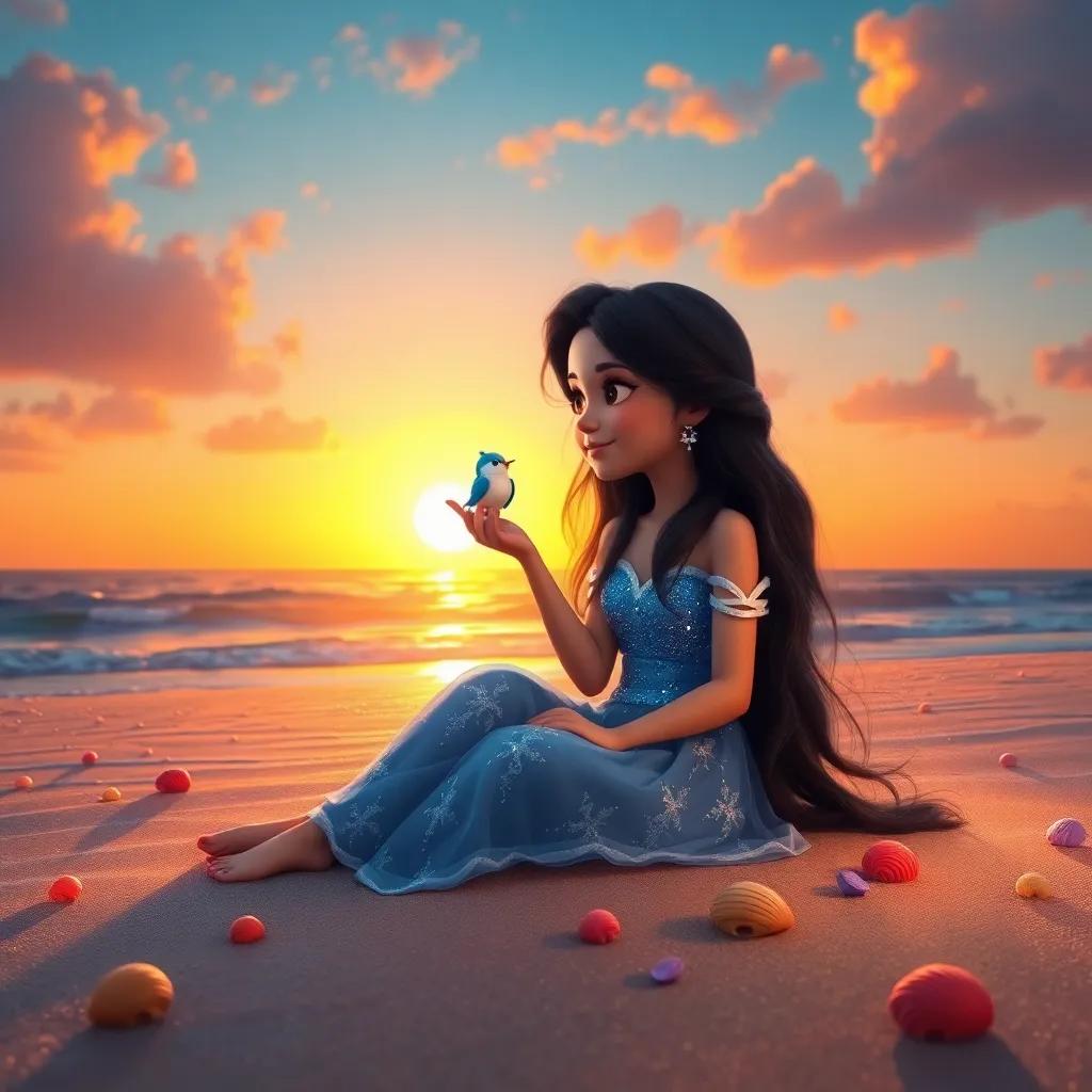 A stunning sunset on the beach, with Leila, a young princess with long black hair in a sparkling blue dress, sitting on the soft sand, sharing her dreams with a small bird, surrounded by colorful seashells, warm hues, inspirational mood, high quality