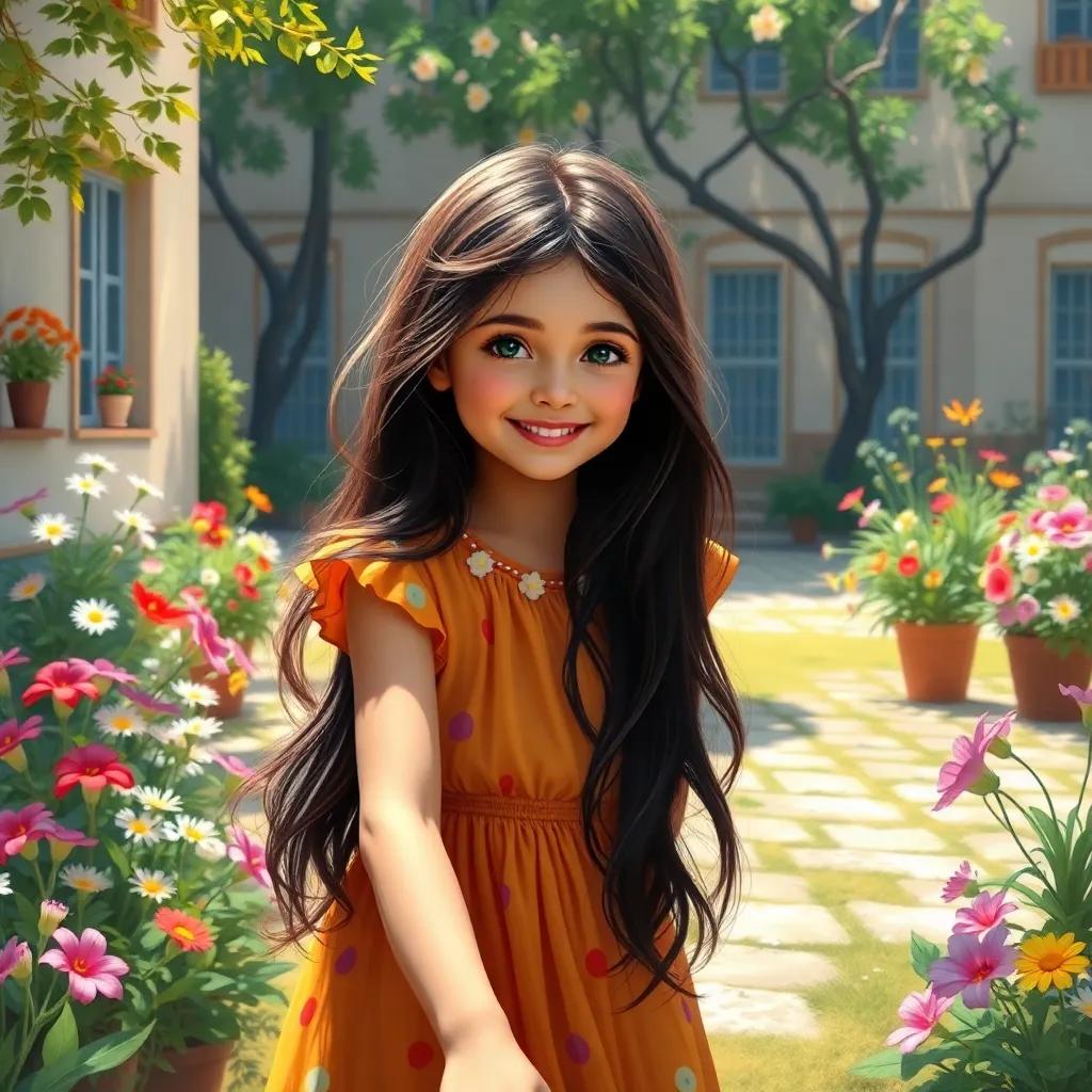 A young Arab girl, Amira, with long, dark hair, wearing a bright dress, playing in a sunny schoolyard surrounded by flowers, cheerful atmosphere, digital art, bright colors, joyful scene, high quality