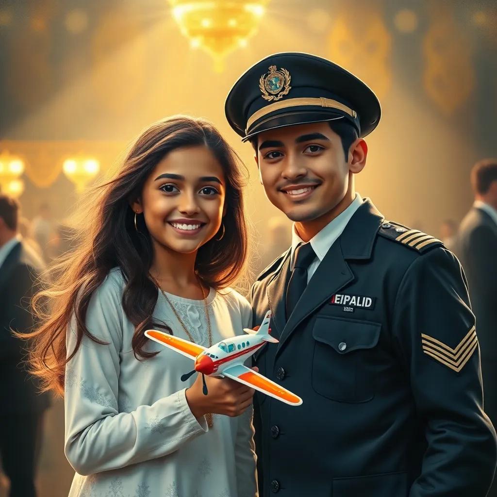 A young Arab girl, Amira, now beautiful with flowing hair, and her brother Iyad, confident with a pilot's uniform, standing together at graduation with a small airplane toy, festive backdrop, warm light, joyful celebration, high quality