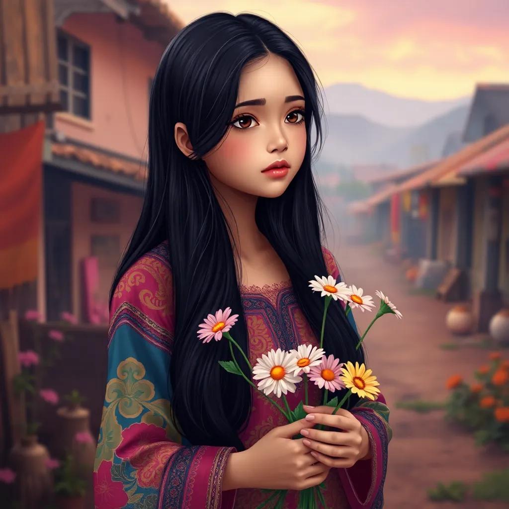 A beautiful girl, Amira, with long dark hair wearing a colorful traditional dress, holding flowers in her hands with a sad expression in a small village, digital art, vibrant colors, warm atmosphere, high quality