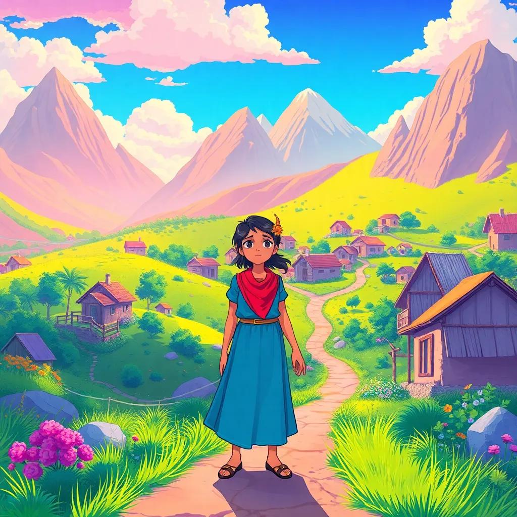 A stunning landscape of a small village with bright colors, showing Amira standing on a path, looking determined and hopeful, illustration, cheerful, uplifting, high quality