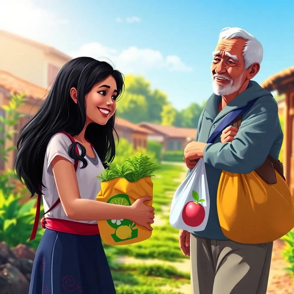 Amira, a kind girl with dark hair, helping an elderly man carry colorful vegetable bags in a sunny village, expressions of happiness and teamwork, bright colors, warm light, heartwarming and community-focused scene, digital art