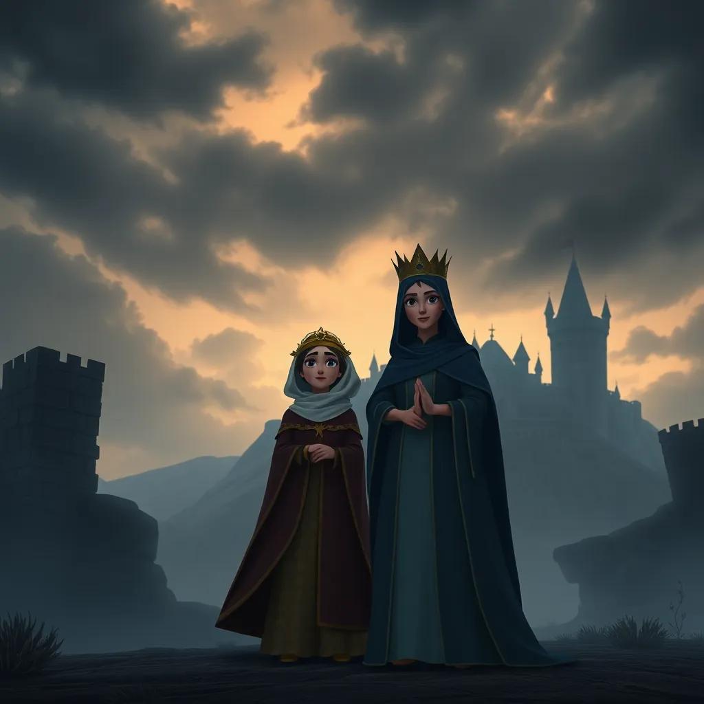 A sad kingdom with gloomy skies and a castle in the background, showing Princess Salma and Queen Noor standing bravely together, digital art, dark colors, hopeful atmosphere, high quality