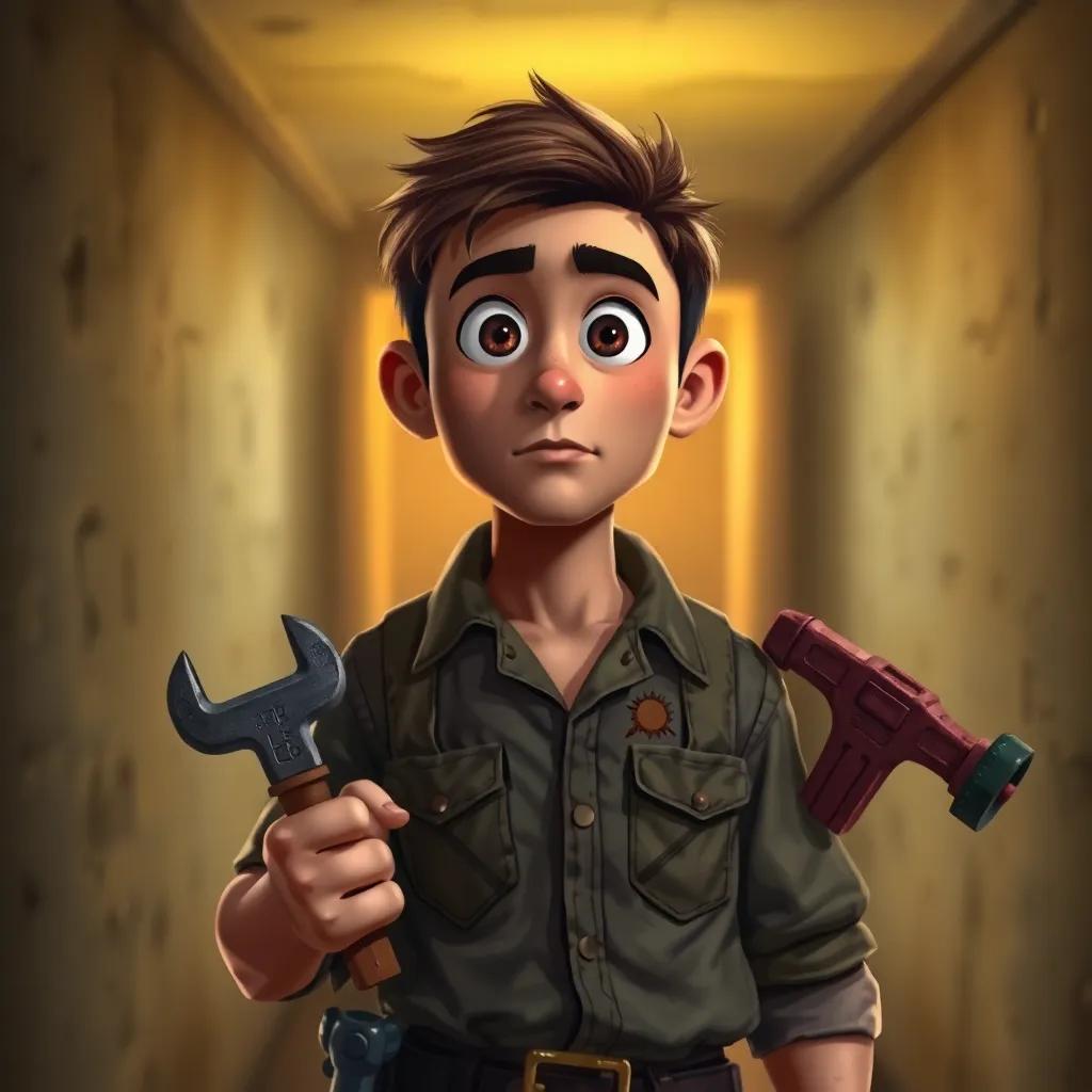 A simple plumber, Said, with short hair and wearing a worn-out shirt, holding tools in a dimly lit corridor, looking determined, digital illustration, warm colors, adventurous vibe, high quality