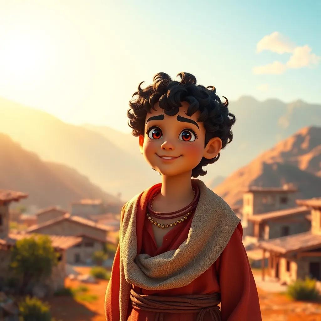 A young Amazigh prince, أمير, with curly dark hair, wearing traditional Amazigh clothing, standing in a village surrounded by mountains, warm sunrise light, vibrant colors, cheerful atmosphere, digital art, high quality