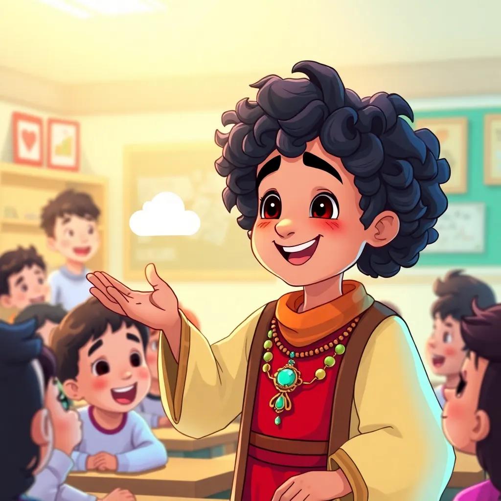 A young Amazigh prince, أمير, with curly dark hair, wearing traditional Amazigh clothing, animatedly explaining cloud computing in a classroom filled with curious children, bright and colorful, joyful expressions, illustration, engaging atmosphere, child-friendly