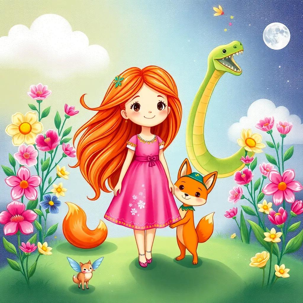 A magical planet called Rose, with beautiful flowers and a giant snake in the background, a kind girl named Rose with flowing hair and a pink dress, standing with the small royal boy and the fox, illustration, cheerful, bright colors, storytelling scene, fantasy
