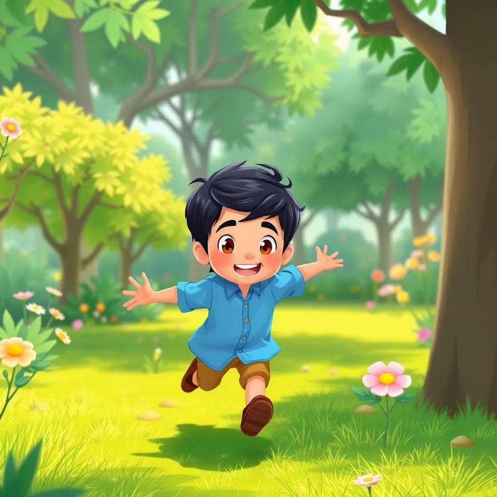A young Arab boy, Amir, with short black hair, wearing a blue shirt and a small hat, running joyfully in a green garden with trees and flowers, illustration, cheerful atmosphere, bright colors, high quality, child-friendly