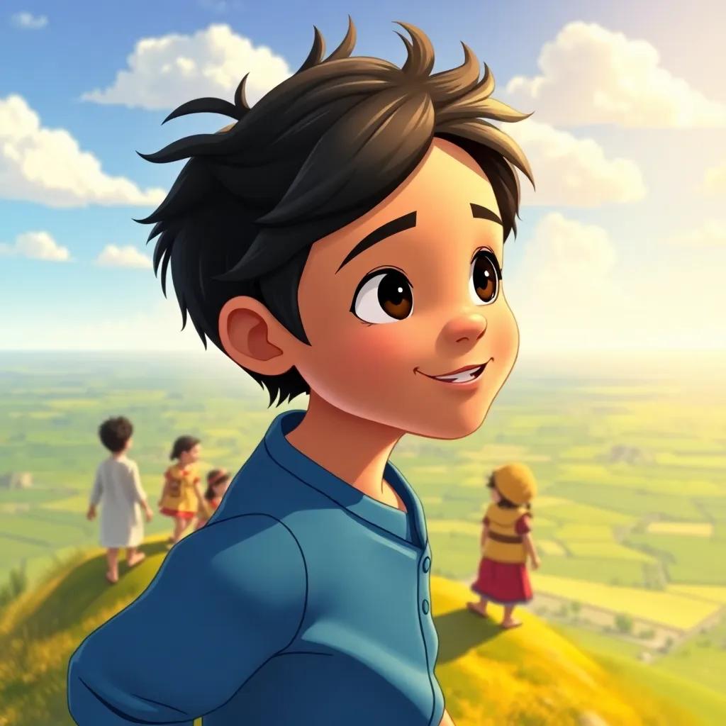 A young Arab boy, Amir, with short black hair, wearing a blue shirt and a small hat, climbing on a hill with his friends, overlooking a vast landscape of green fields and blue sky, illustration, adventurous mood, warm sunlight, high quality, child-friendly