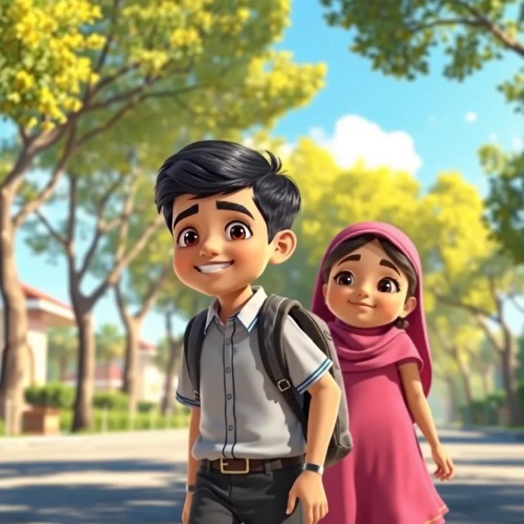 A young Arab boy, Amir, with short black hair, wearing a school uniform and a backpack, walking happily with his sister Lila on a sunny street filled with trees, digital art, bright colors, cheerful atmosphere, warm light, high quality