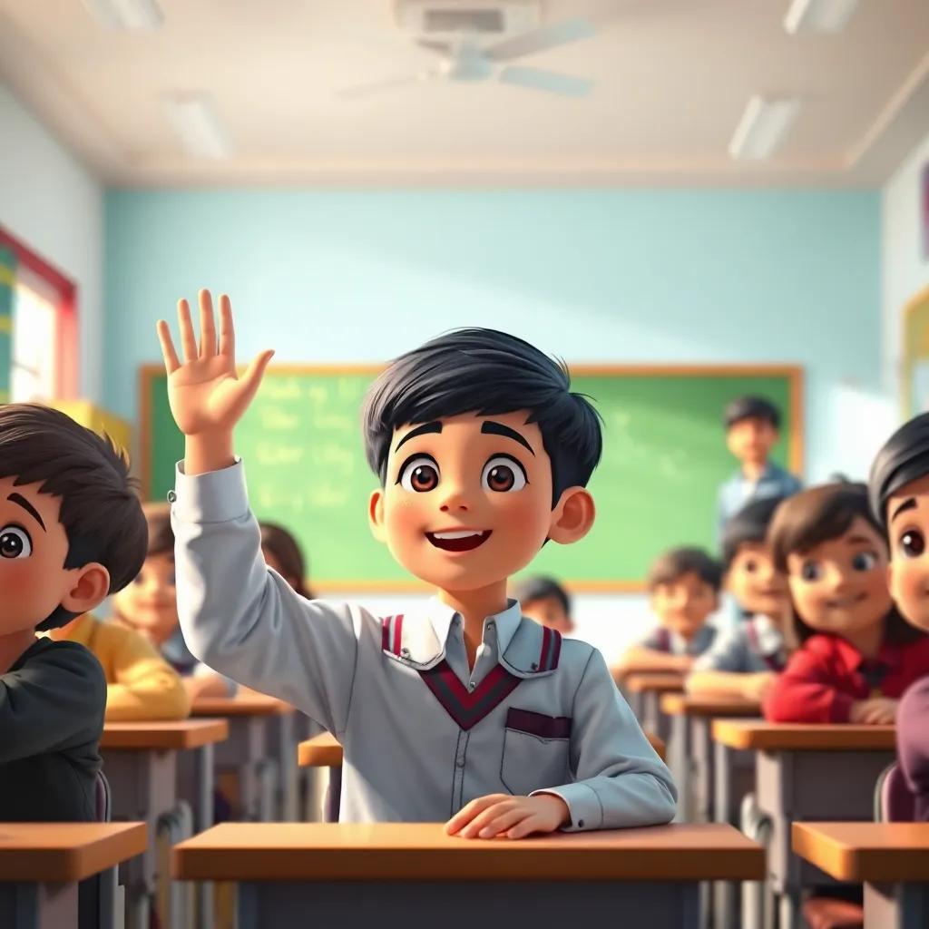 A young Arab boy, Amir, with short black hair in a school uniform, sitting in a bright classroom, raising his hand with excitement, surrounded by other children and a friendly teacher, colorful classroom, joyful learning, detailed digital art, engaging scene, high quality