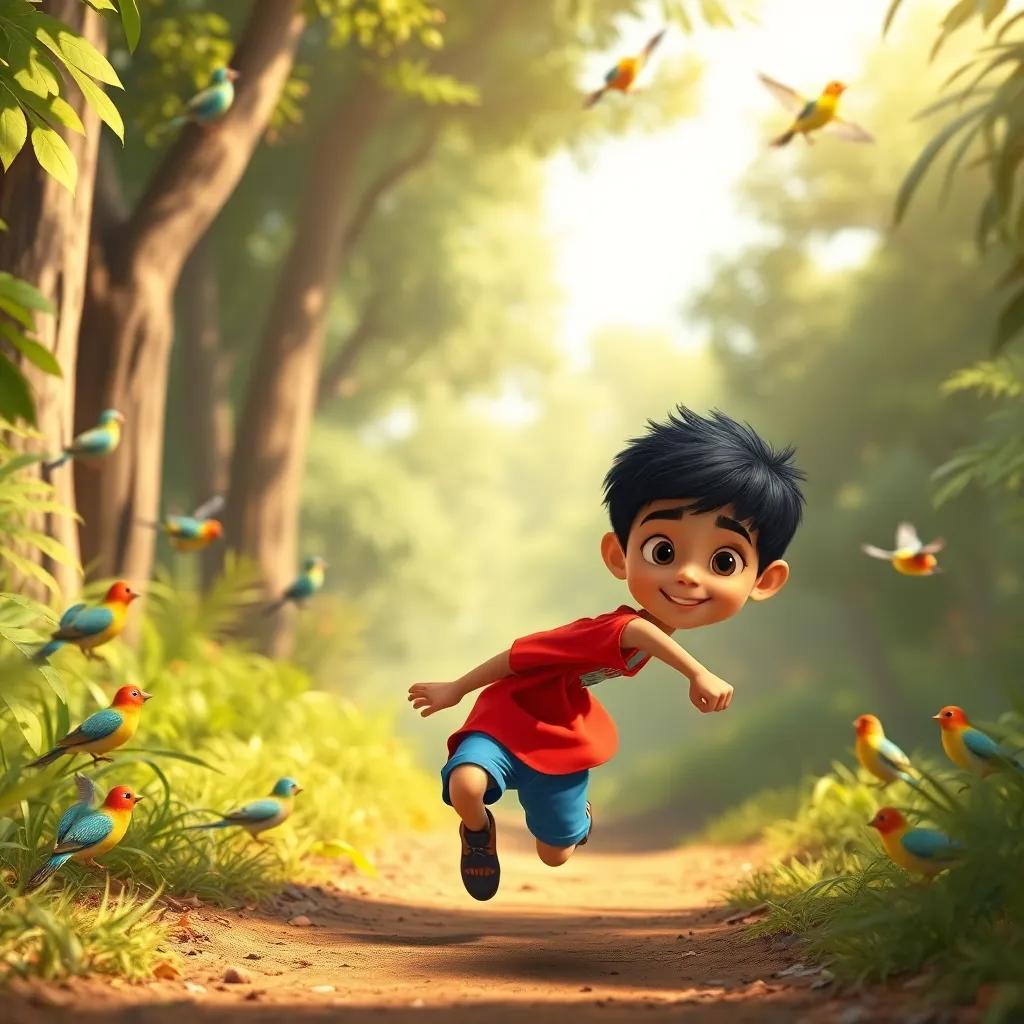 A young Arab boy, Amir, with short black hair, wearing a bright red shirt and blue shorts, running through a sunlit forest, colorful birds chirping around, cheerful atmosphere, detailed digital art