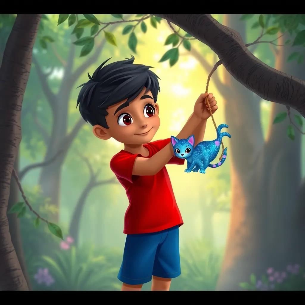 A young Arab boy, Amir, with short black hair, wearing a bright red shirt and blue shorts, helping a small magical cat, Luna, with blue sparkling fur, trapped between tree branches, vibrant forest background, heartwarming scene, child-friendly digital illustration